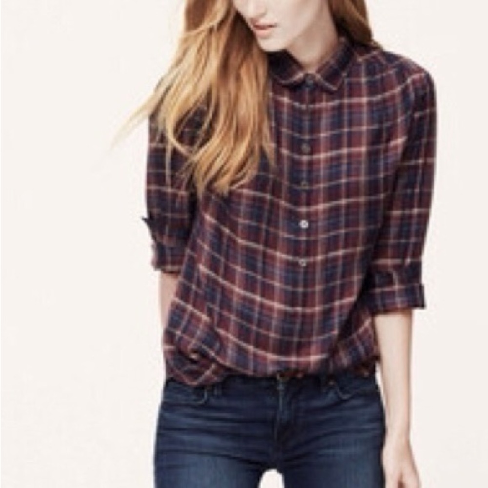 LOFT Burgundy & Navy Plaid Button-Down Shirt